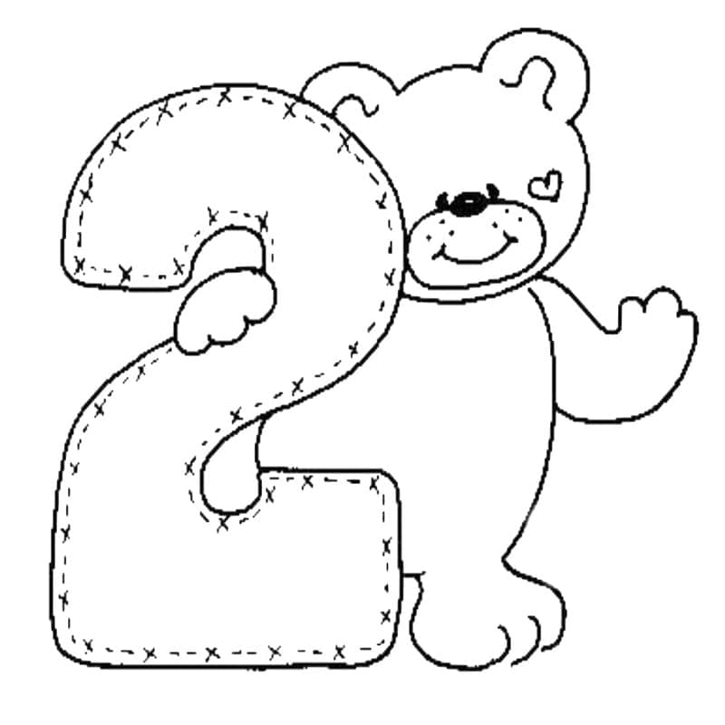 Desenhos de Número 2 e Urso para colorir
