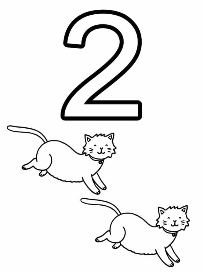 Desenhos de Número 2 e gatos para colorir