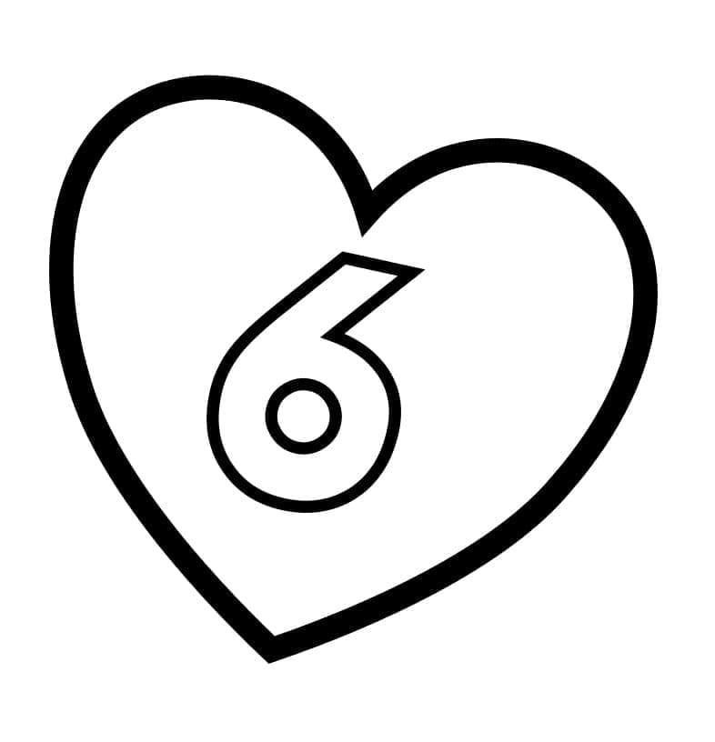 Número 6 no coração para colorir