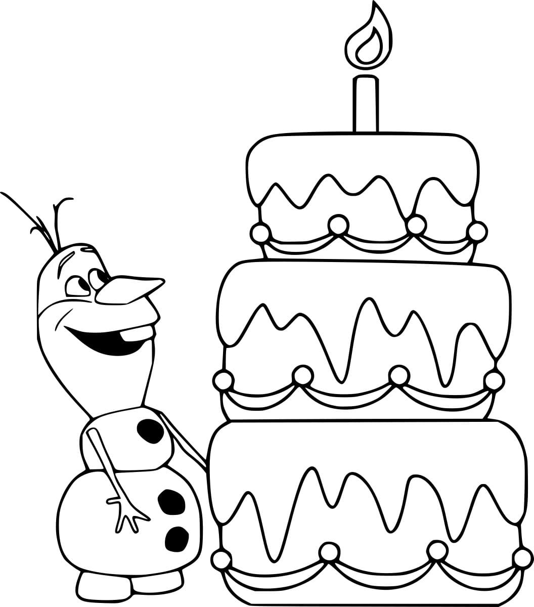 Desenhos de Olaf e um grande bolo de aniversário para colorir