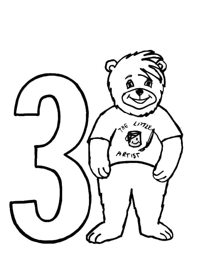 Desenhos de Urso e Número 3 para colorir