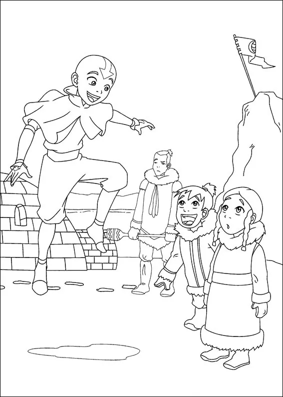 Desenhos de Aang brincando com crianças para colorir