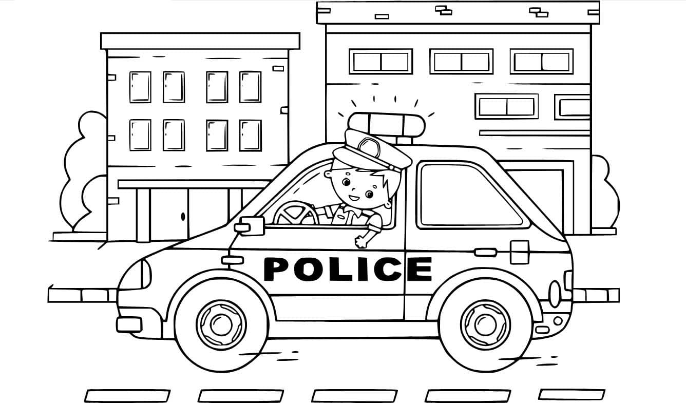 Desenhos de Carro de polícia de desenho animado na estrada para colorir