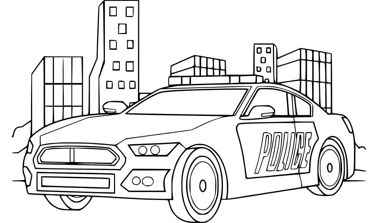 Carro de polícia e edifícios para colorir