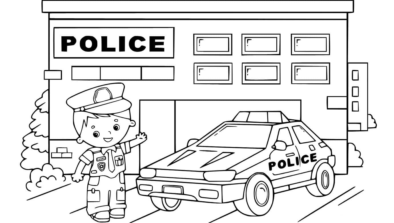 Desenhos de Carro de polícia perto da estação para colorir