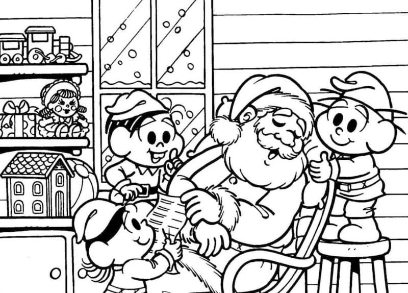 Desenhe a Turma da Mónica e o Pai Natal para colorir