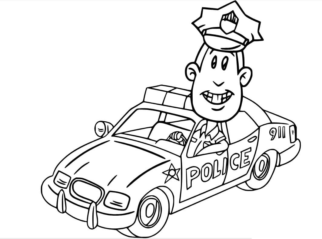 Policial de desenho animado no carro para colorir