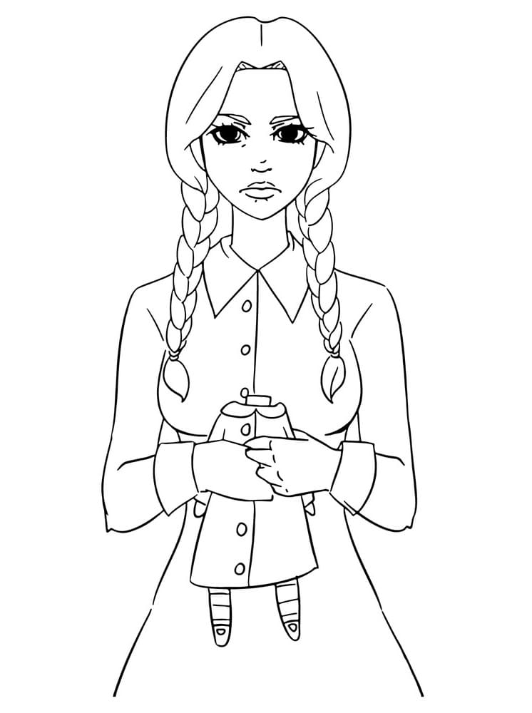 Wednesday Addams e sua boneca para colorir