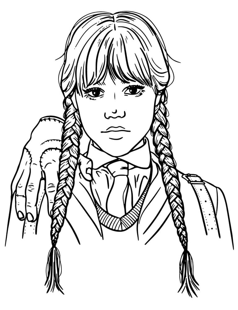 Desenhos de Wednesday Addams e uma mão para colorir