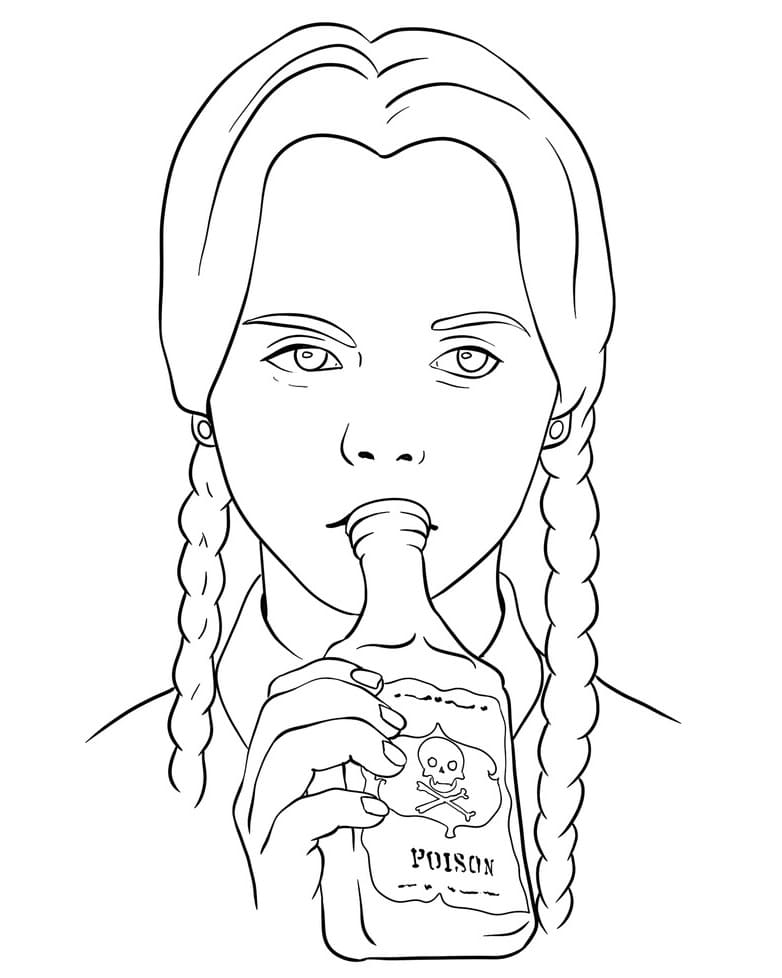 Desenhos de Wednesday Addams está bebendo veneno para colorir