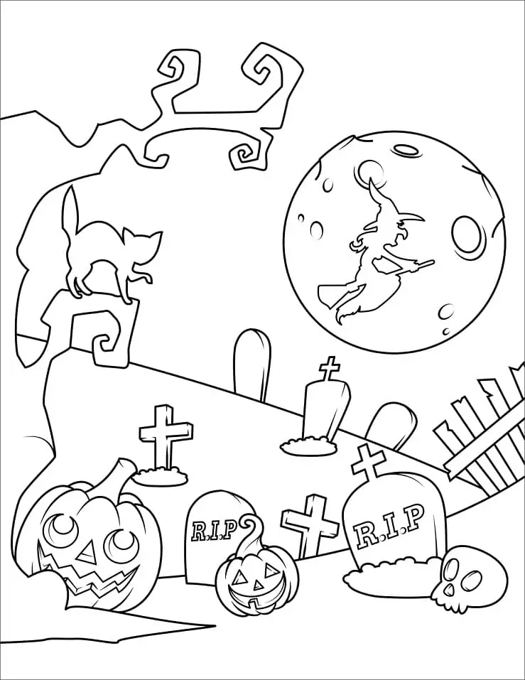 Desenhos de Cemitério de Halloween fofo para colorir