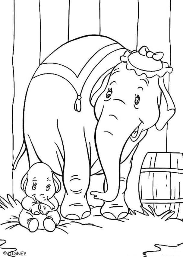 Desenhos de Desenhe bebé Dumbo e a mãe para colorir