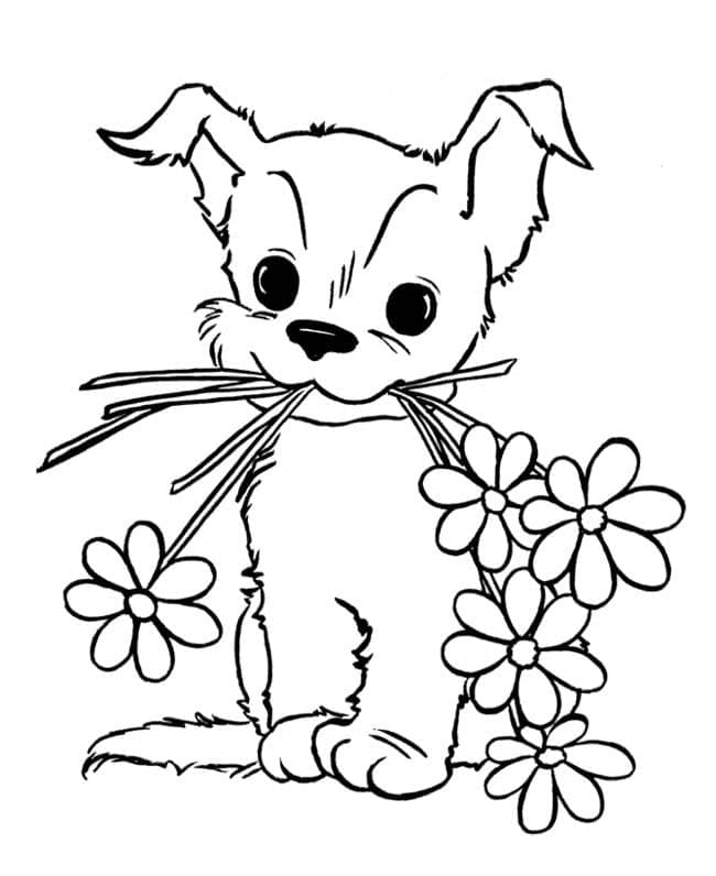 Desenhos de Cachorrinho está segurando flores para colorir