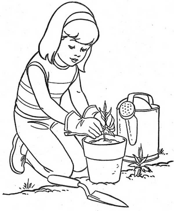 Desenhos de Menina plantando árvore protetora Meio Ambiente para colorir