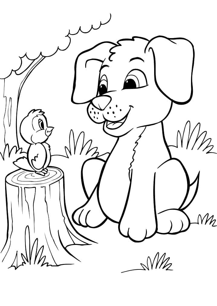 Desenhos de Pássaro e cachorrinho de desenho animado para colorir