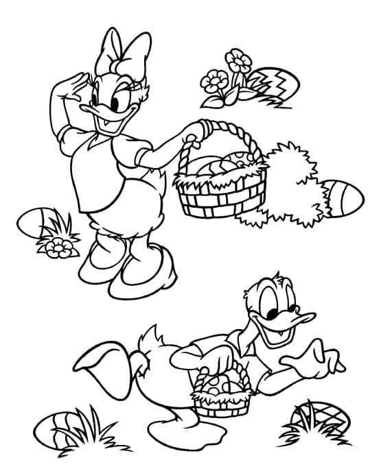 Desenhos de Pato Donald e Margarida com Cestas de Páscoa para colorir