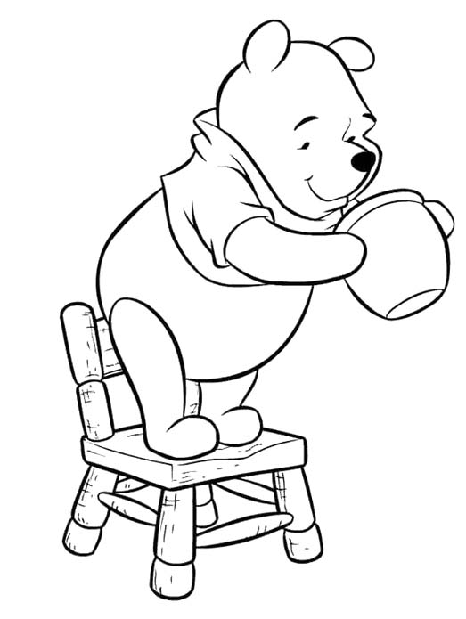 Desenhos de Ursinho Pooh em pé na cadeira para colorir