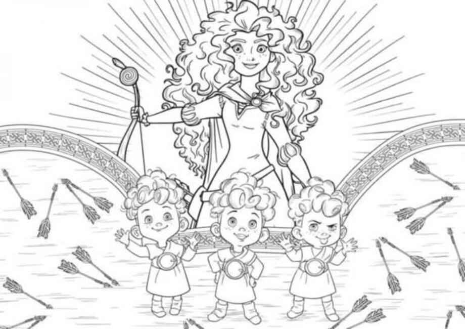 Desenhos de Merida Curly com seus irmãos mais novos para colorir