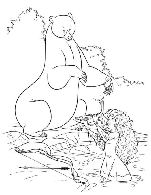 Desenhos de Merida e o urso pegando peixes para colorir