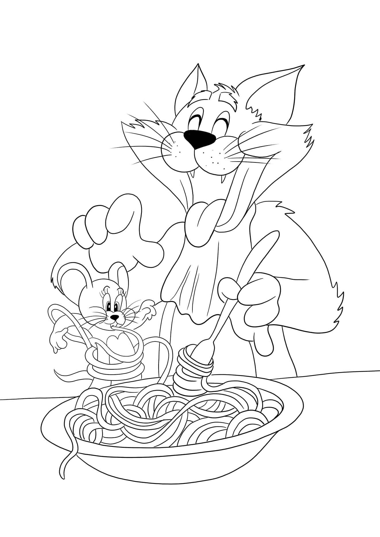 Desenhe o macarrão tom e jerry comendo para colorir