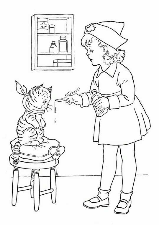 Desenhos de Desenhe enfermeira fofa e gatinha para colorir