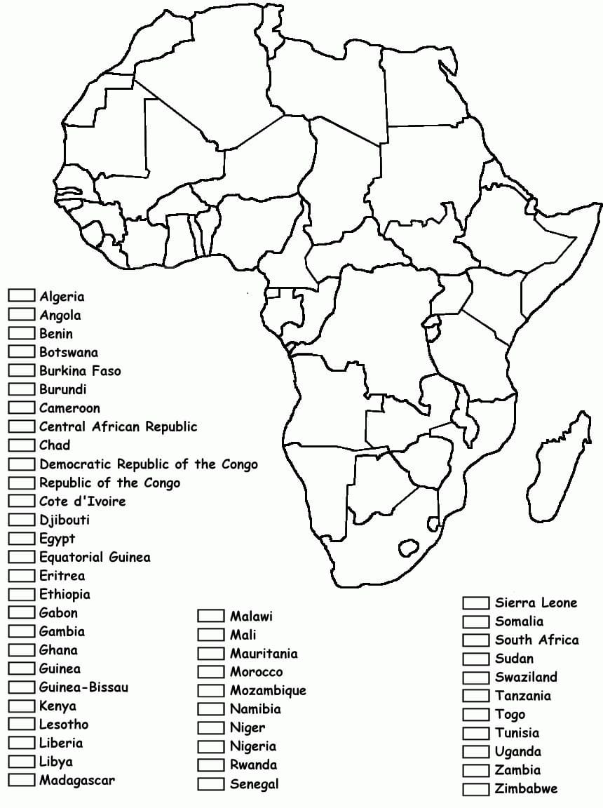 Desenhos de Mapa da África em branco para estudantes para colorir
