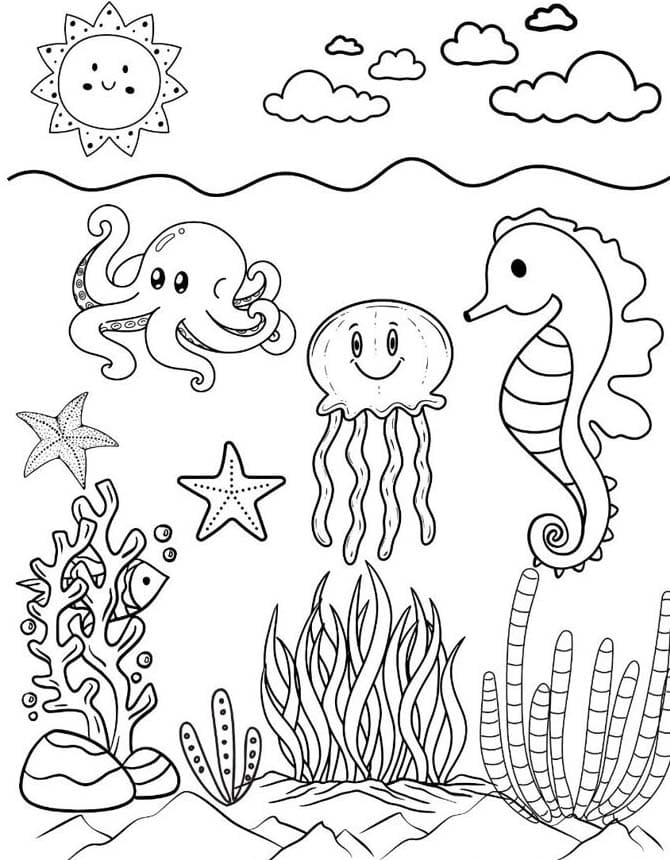 Desenhos de Desenhar Fundo do Mar simples em crianças para colorir