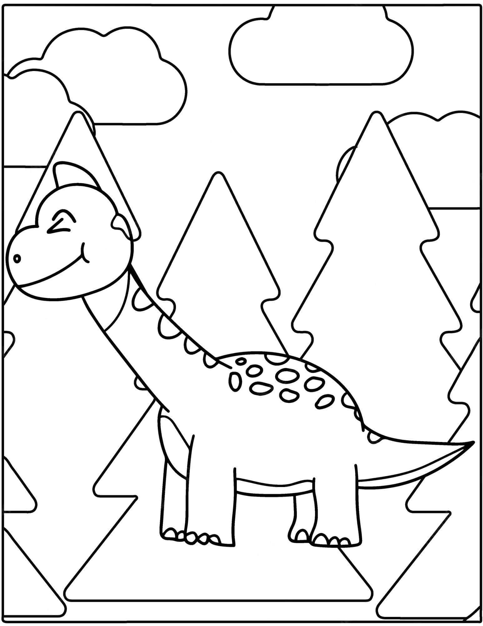 Cartoon Dinosaur with Trees and Clouds