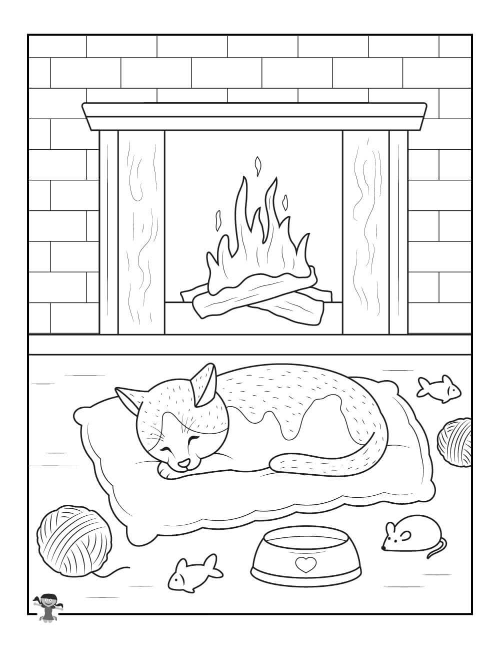 Cat Sleeps in Winter coloring page