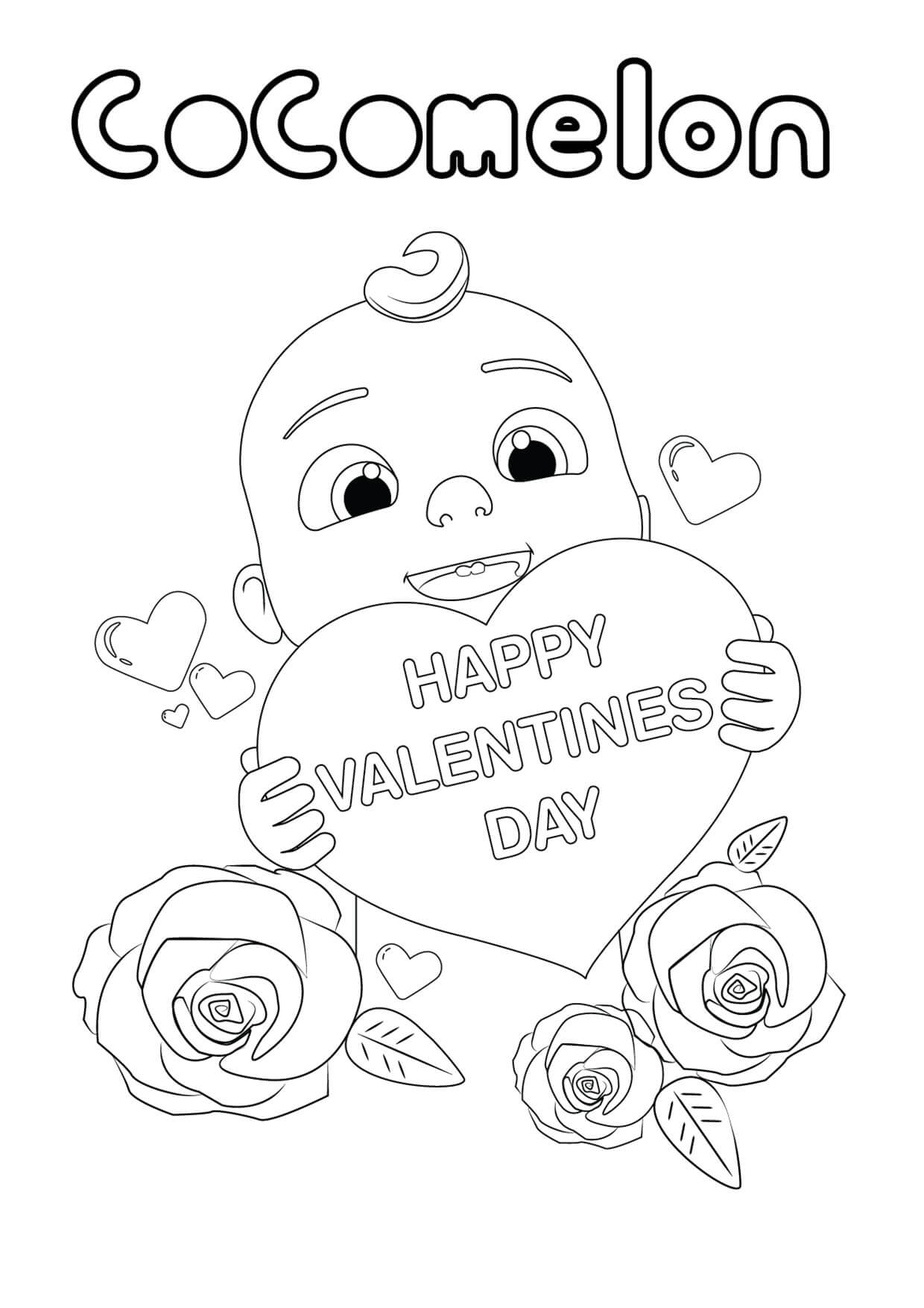 Cocomelon with Heart and Roses in Valentine coloring page