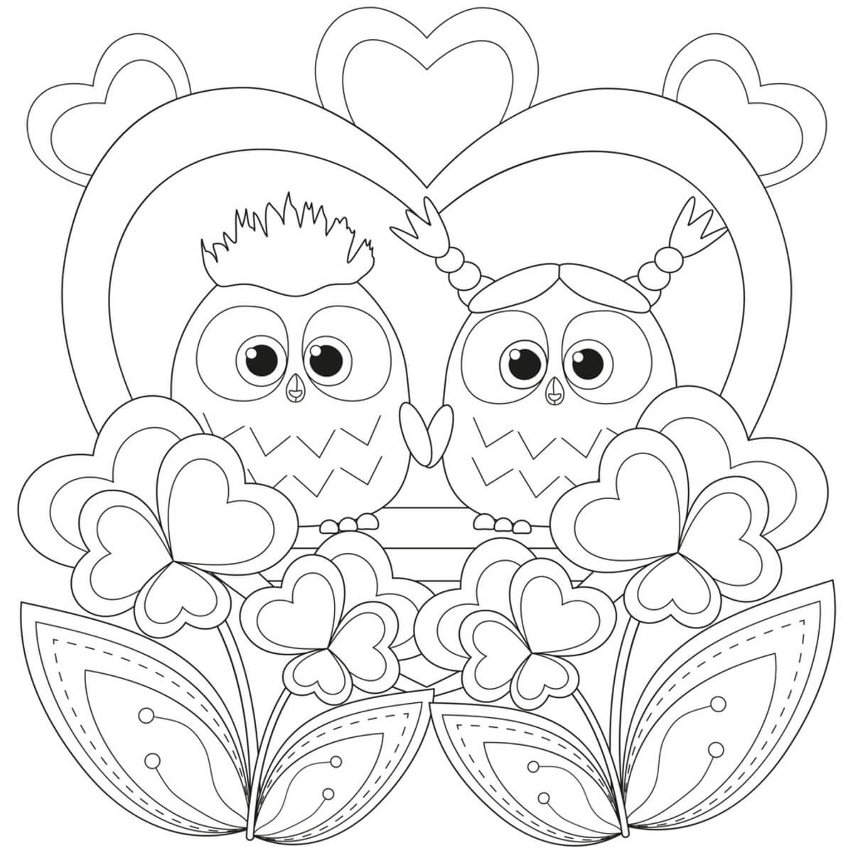Couple Owl with Flowers in Valentine coloring page