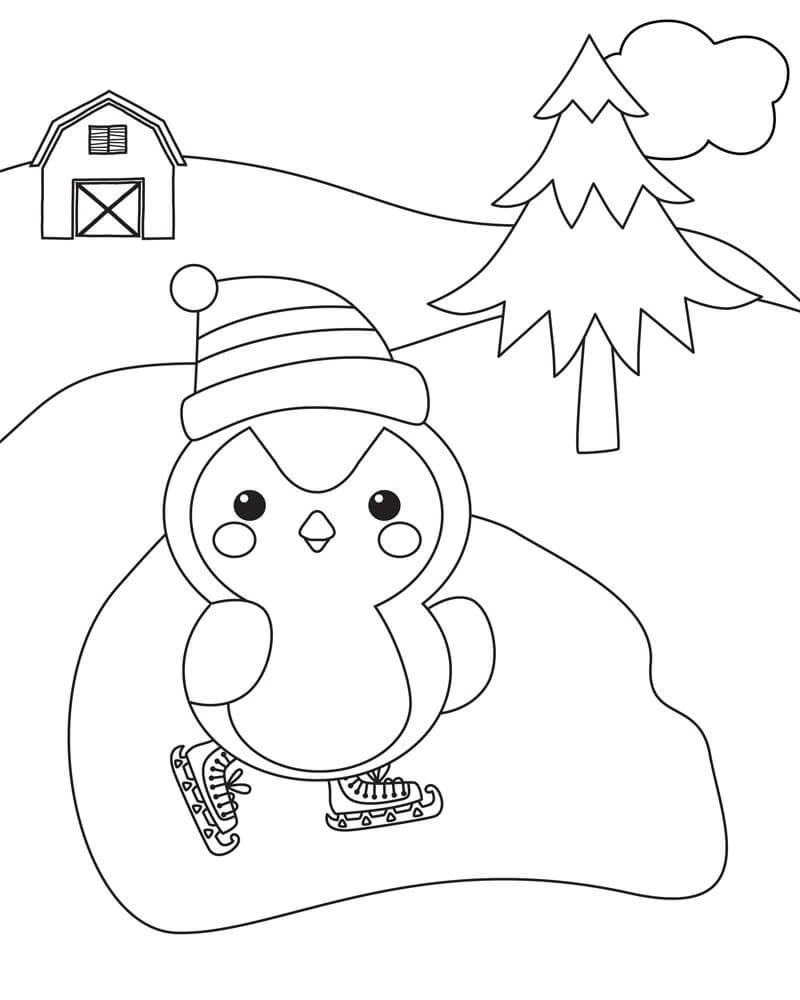 Cute Penguin Skate in Winter coloring page