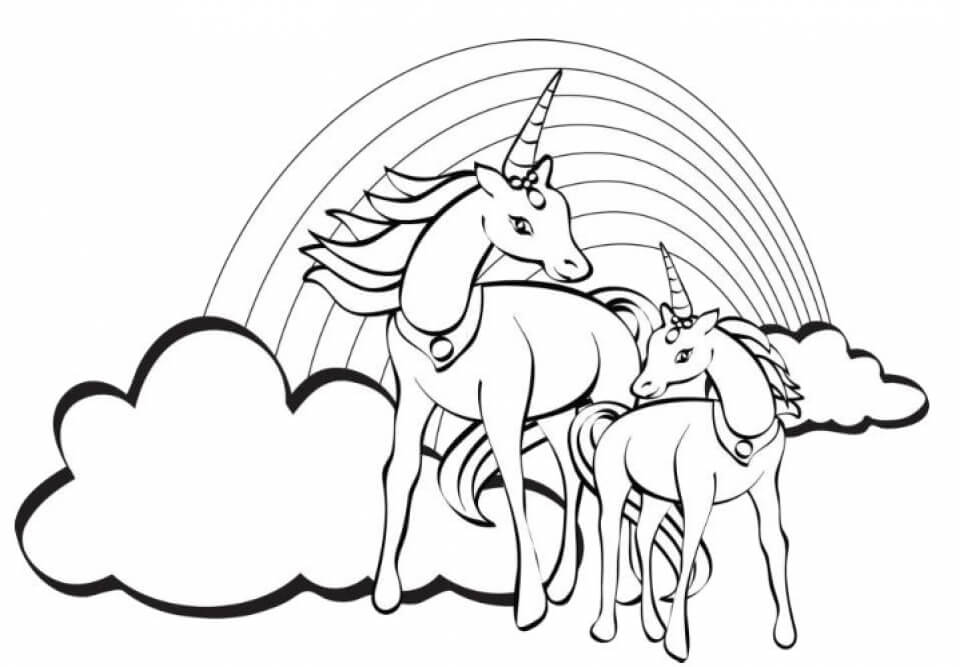 Drawing Two Unicorns with Rainbow coloring page