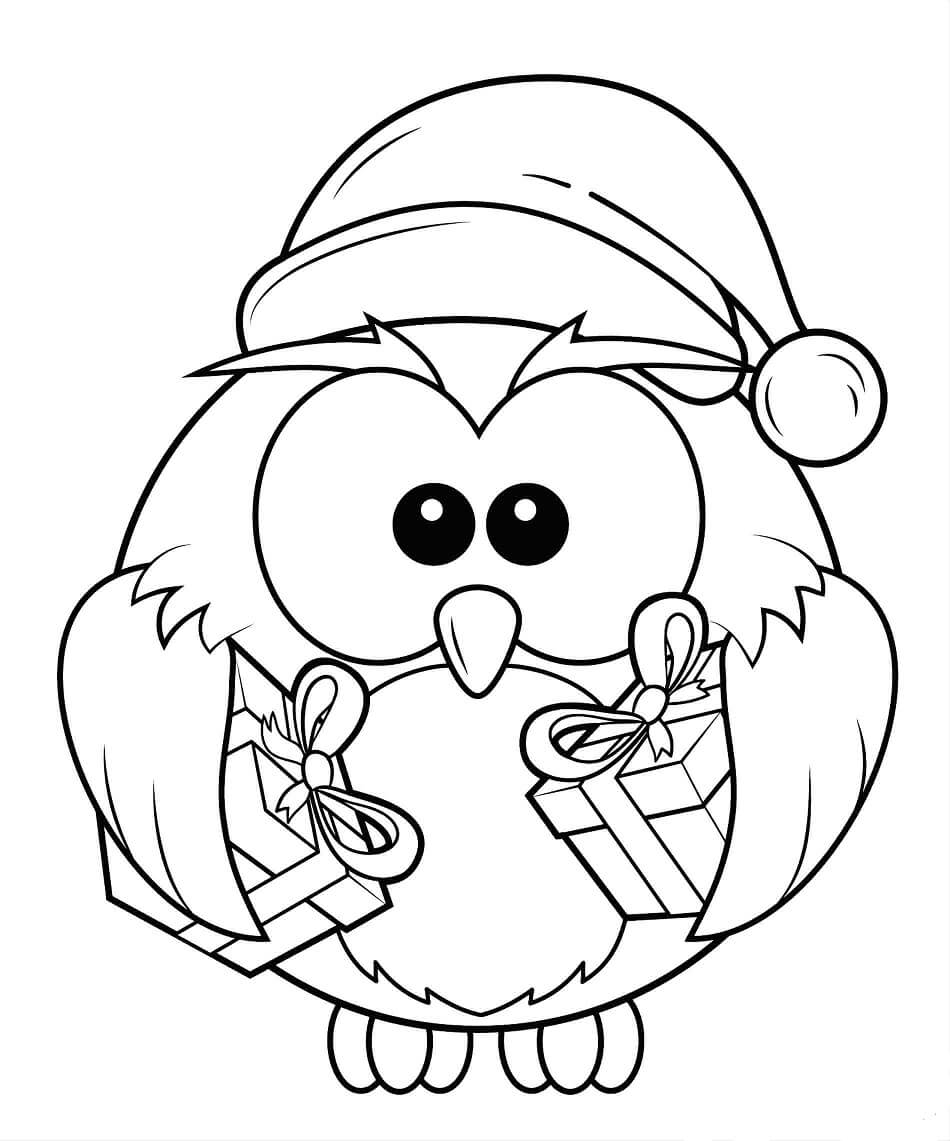 Owl with Christmas Gifts coloring page