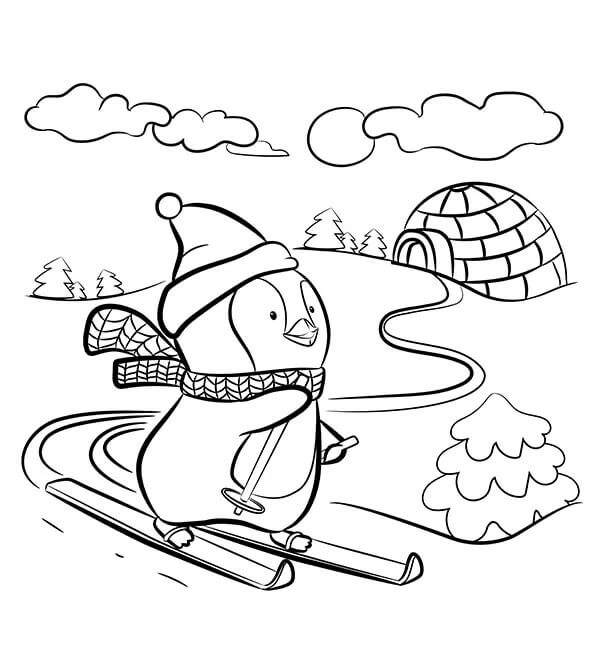 Penguins Skiing in Winter coloring page