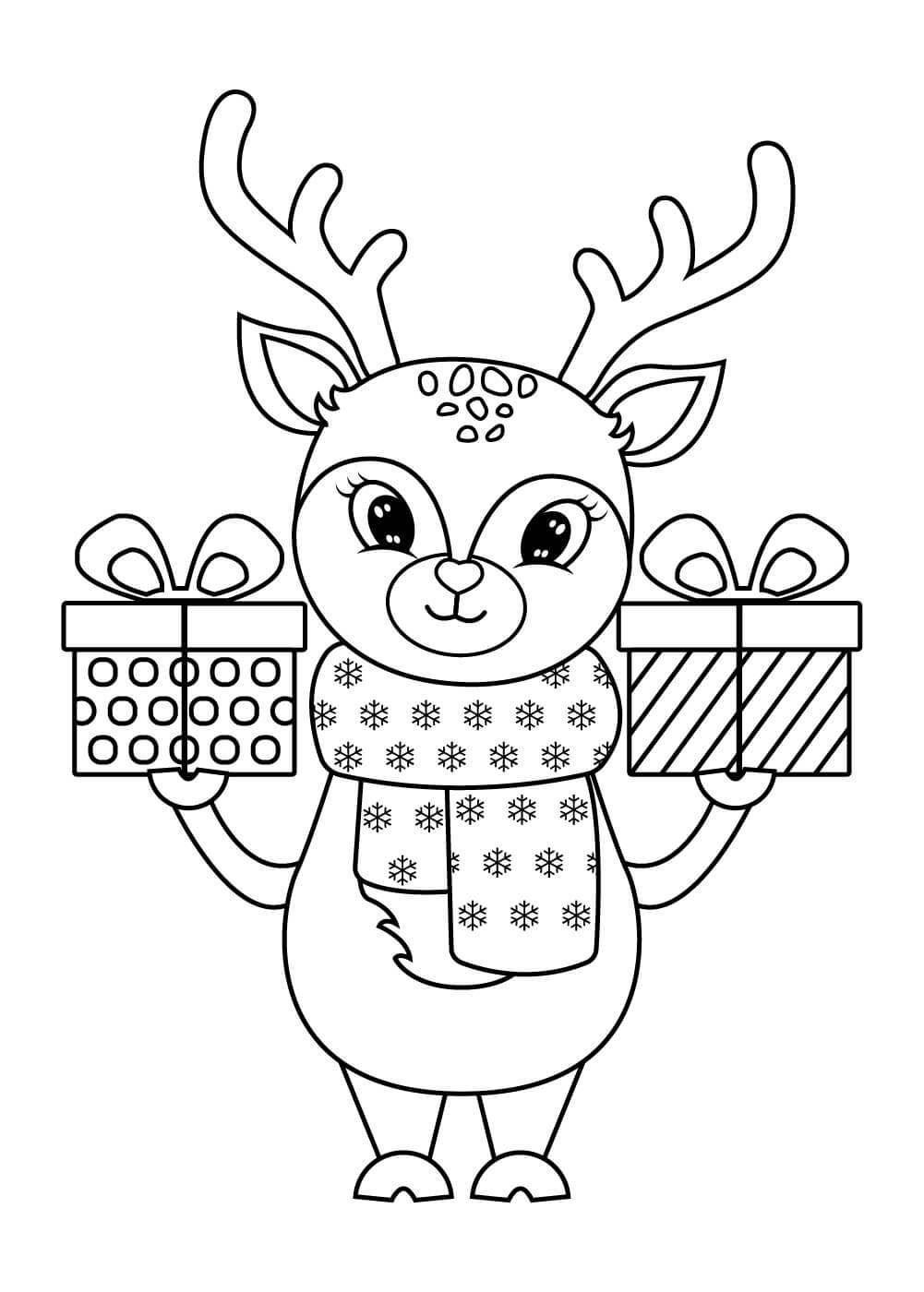 Reindeer is holding two Giftboxes coloring page
