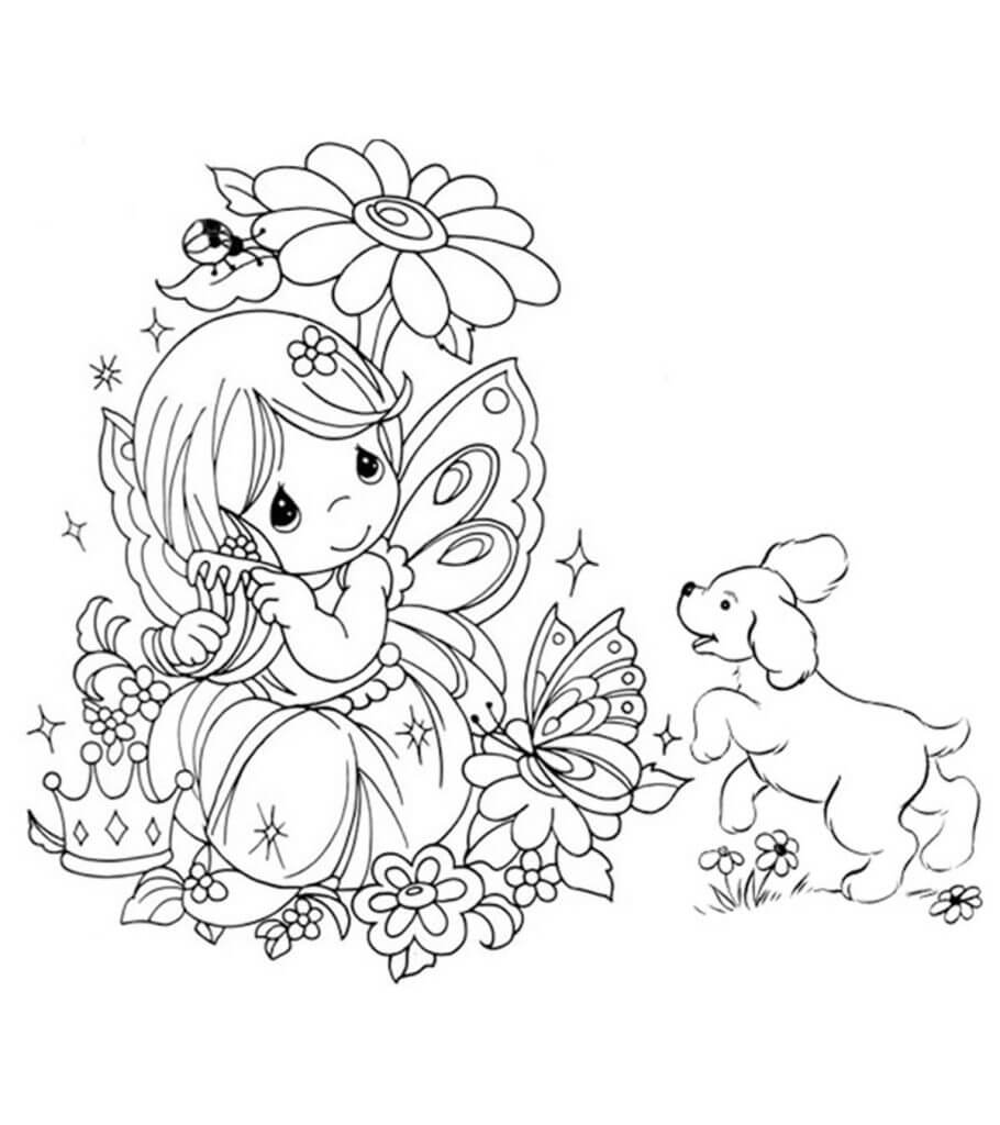 Smiling Little Fairy with Dog coloring page