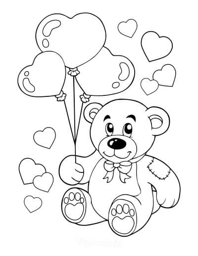 Teddy Bear holding Balloons in Valentine coloring page