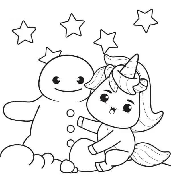 Unicorn Build Snowman with Stars coloring page