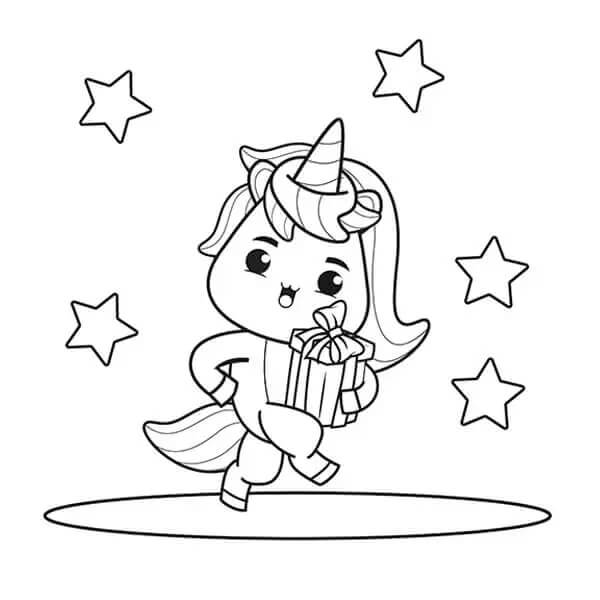 Unicorn Holding Gift Box and Stars coloring page