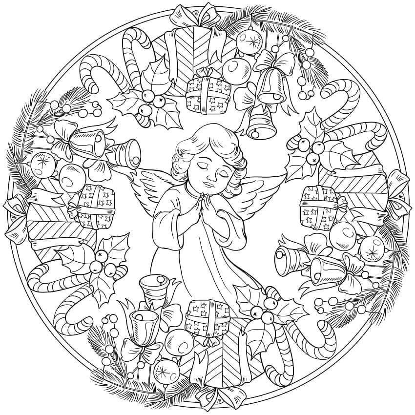 Angel with Candies and Gitfboxs in Christmas Mandala