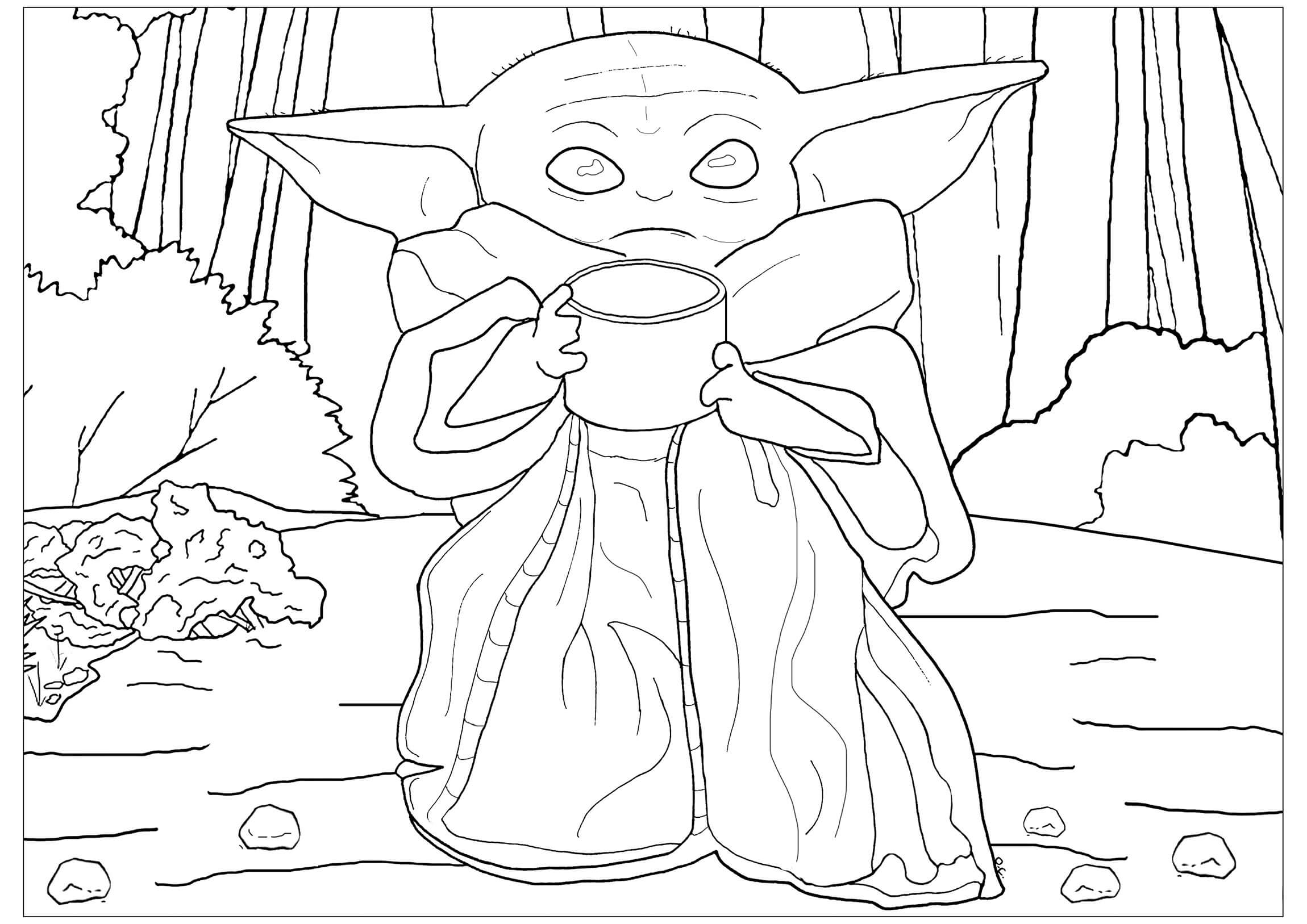 Baby Yoda Drinking Water in the Forest