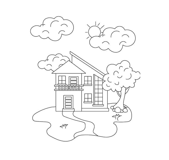 House with Clouds and Tree