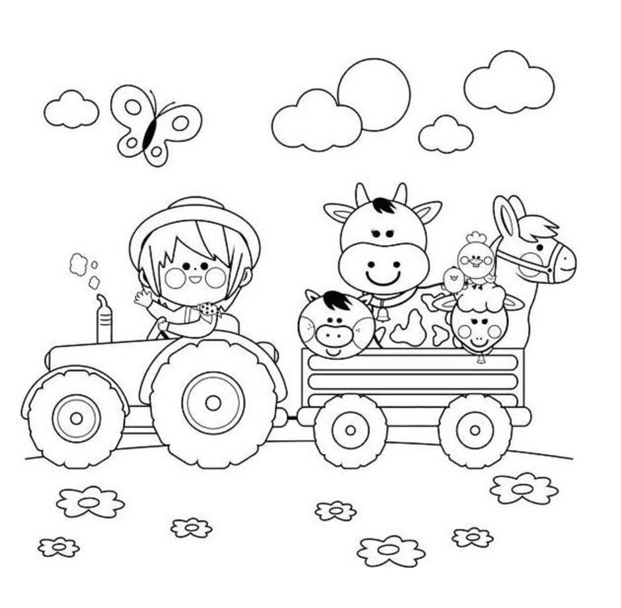 Kid Driving the Tractor Carrying the Animals