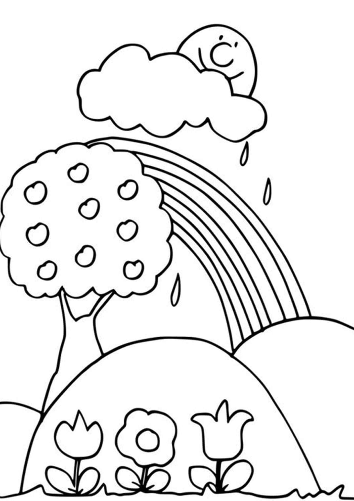 Rainbow with Tree and Flowers coloring page - Download, Print or Color