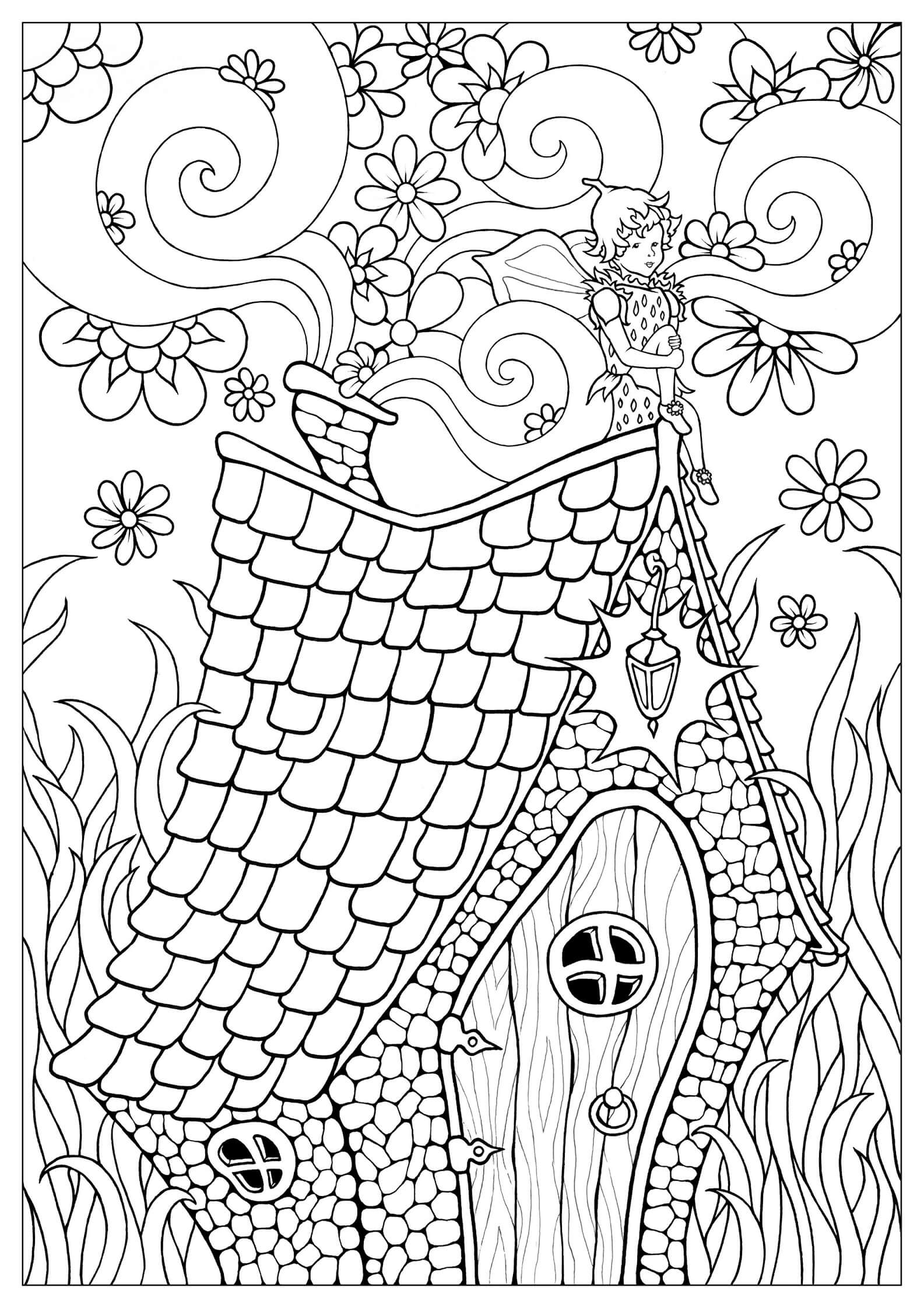 Fairy Sitting On House coloring page