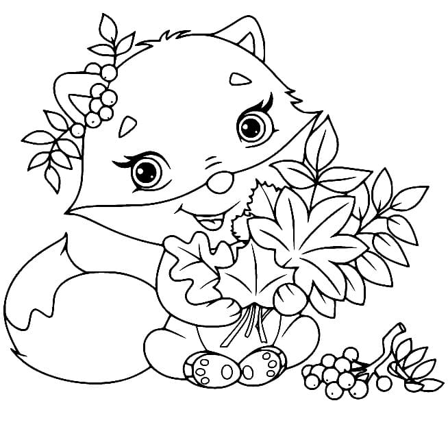 Adorable Fox with Leaves coloring page