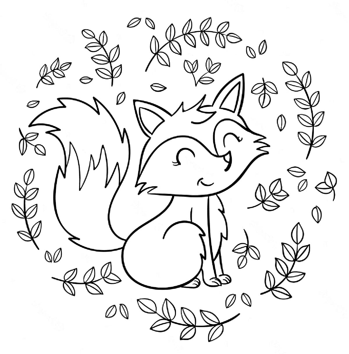 Cute Fox and Leaves coloring page