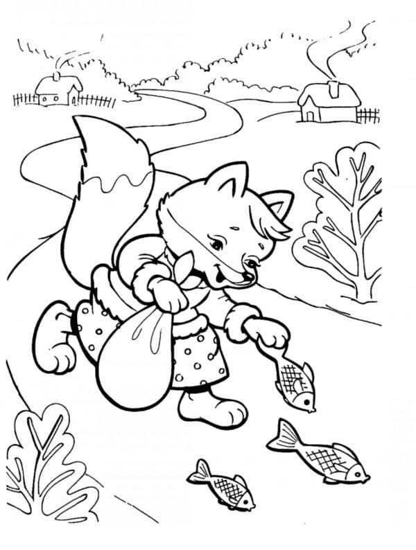 Fox and Fishes coloring page