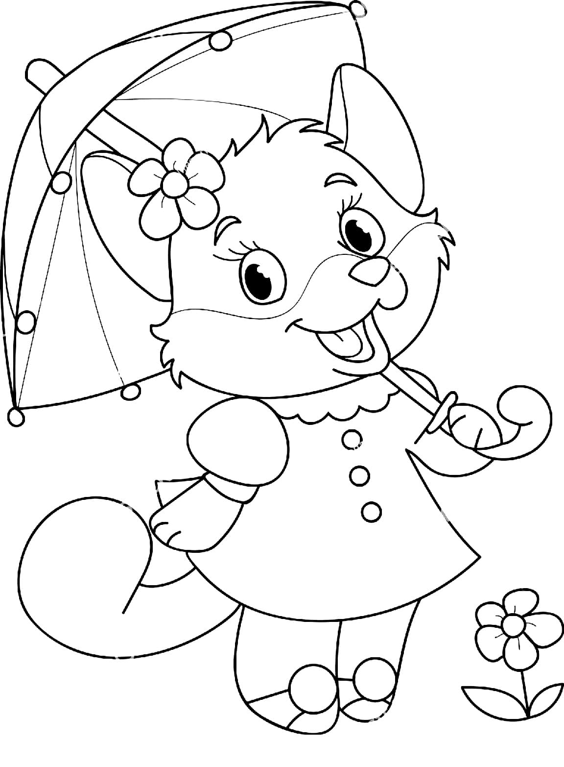 Pretty Fox with Umbrella coloring page